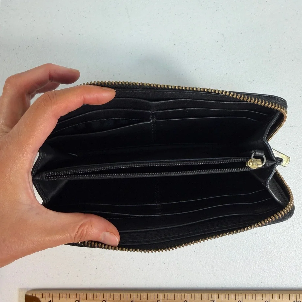 Coach Wallet Saffiano Accordion Black‎ Zip Crossgrain Leather Gold Tone Hardware